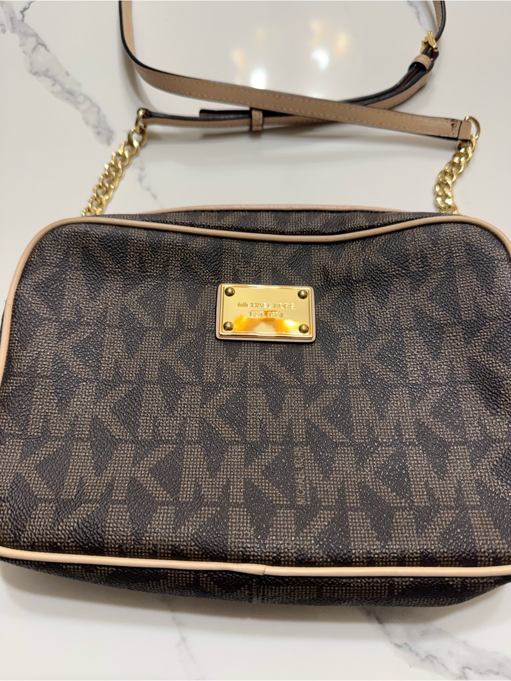 Michael Kors Brown Logo Crossbody with Cream Trim and Gold Plate